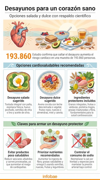 Ilustración de un corazón, dos desayunos (salado y dulce), diversos ingredientes (frutas, verduras, granos, huevo), y símbolos de alimentos a evitar o priorizar. Texto informativo.