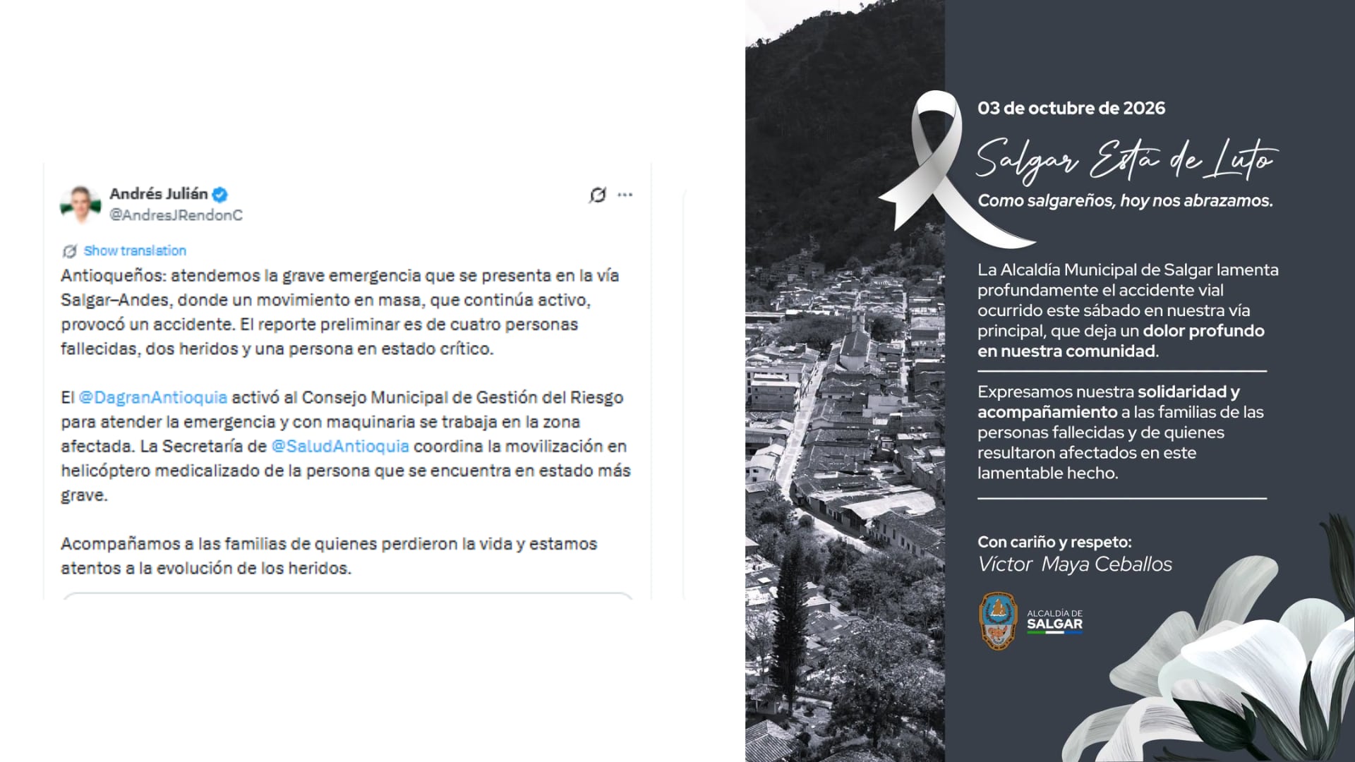 Este fue el mensaje del gobernador Andrés Julián Rendón y el alcalde de Salgar sobre el fatal accidente - crédito @AndresJRendonC/X - Alcaldía de Salgar/Facebook
