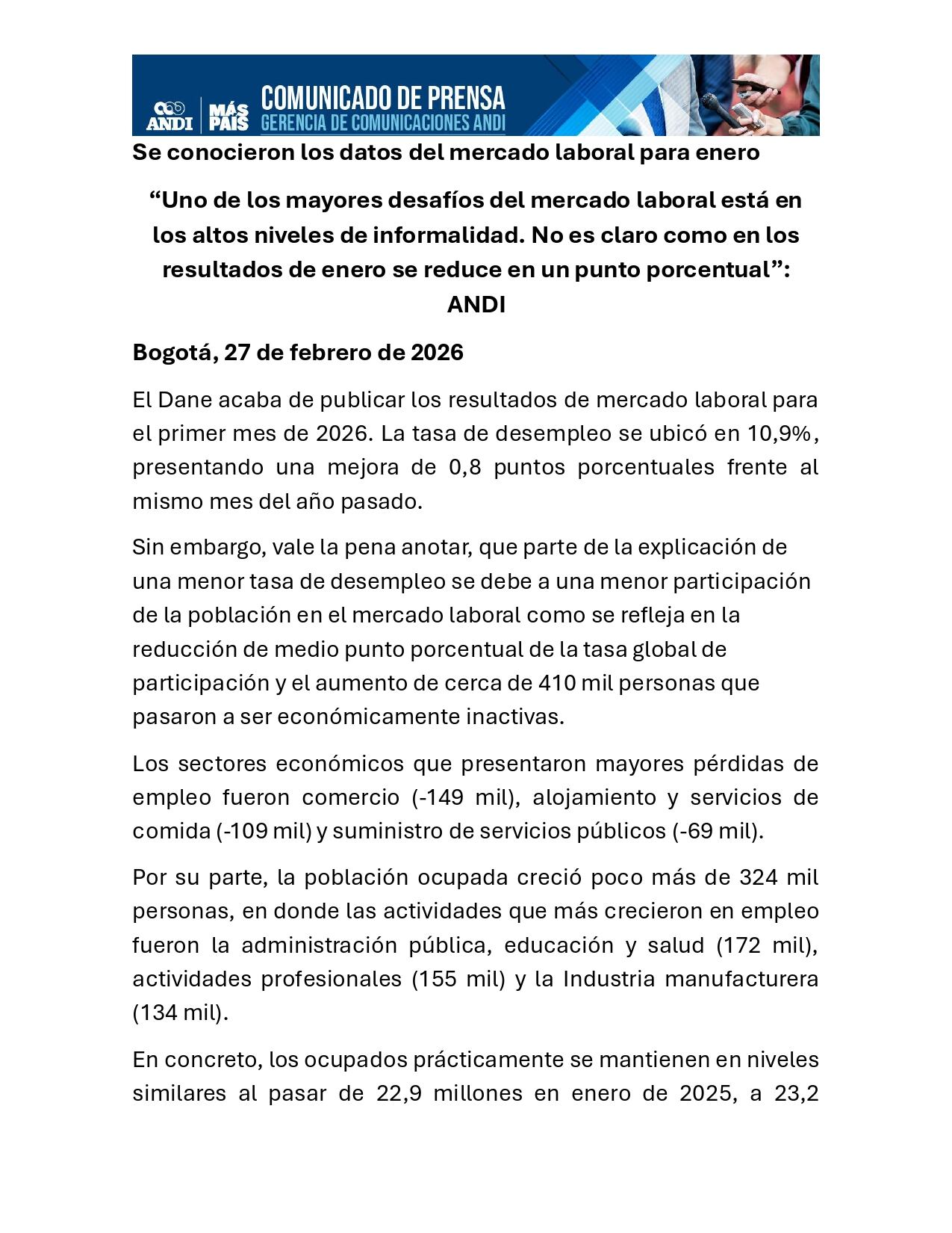 El mercado laboral sumó 324.000 nuevos empleos, aunque el crecimiento anual del empleo se desaceleró frente al año anterior - crédito Andi