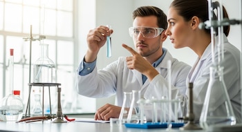 Dos científicos con batas blancas y gafas de seguridad observan un tubo de ensayo con líquido azul claro en un laboratorio con instrumentos de química.