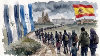 Pintura en acuarela de personas caminando por un sendero bajo la lluvia. A la izquierda, banderas de Nicaragua y Honduras. A la derecha, bandera de España.