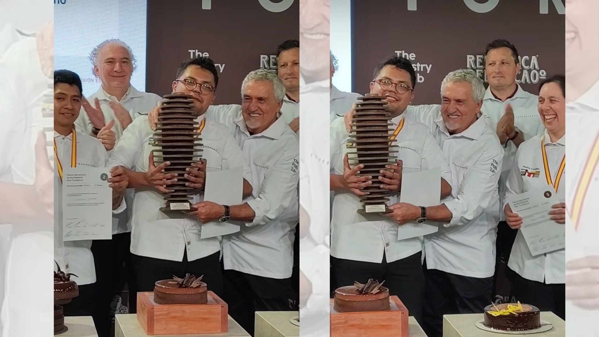 El mexicano Rubén Alan Díaz recibe en Alicante el premio a la mejor tarta de chocolate del mundo. (Montaje Infobae)