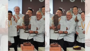 El mexicano Rubén Alan Díaz recibe en Alicante el premio a la mejor tarta de chocolate del mundo. (Montaje Infobae)