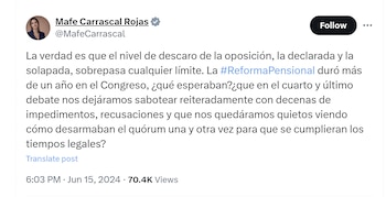 María Fernanda Carrascal cuestionó a la oposición por criticar la aprobación de la reforma pensional - crédito @MafeCarrascal/X