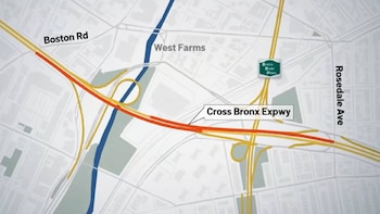 Un mapa de carreteras del Bronx que muestra la Cross Bronx Expressway, Boston Road, West Farms, Rosedale Avenue y parte del Bronx River Parkway
