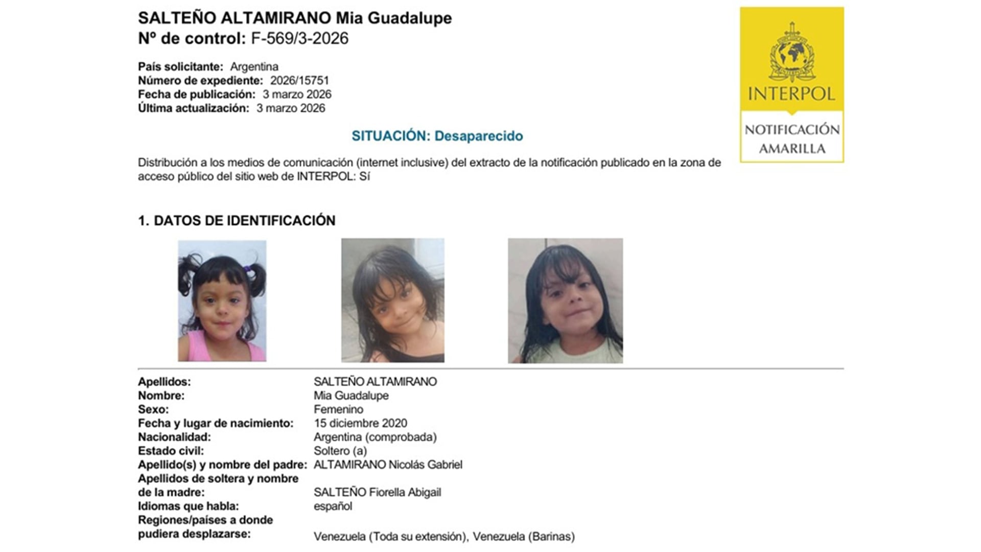 Se solicita la colaboración ciudadana para dar con el paradero de la niña (Fuente: MPF)