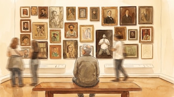 Ilustración estilo acuarela de un hombre de 65 años sentado en un banco de madera, de espaldas, frente a una pared con múltiples retratos. Figuras humanas borrosas pasan por delante.