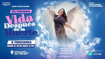 Póster publicitario de la obra 'Vida Después de la Muerte', con la actriz Oriana Cicconi Dammert con alas sobre nubes y texto promocional del evento