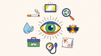 Un ojo central rodeado por nueve iconos: cigarrillo, pantalla, lupa, gafas tachadas, sol, almohada, tensiómetro, caja de herramientas y lente de contacto.