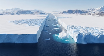 Vista aérea de un vasto canal de agua azul oscuro entre dos imponentes barreras de hielo blanco y azul, con icebergs flotando y montañas nevadas al fondo.
