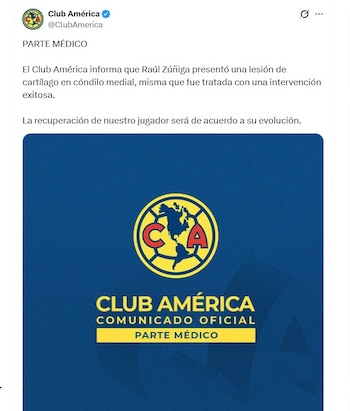 Reporte médico de Raúl Zúñiga (X/ @ClubAmerica)