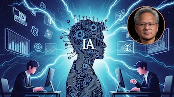 Ilustración digital con una silueta de cabeza humana hecha de circuitos y la palabra "IA", con Jensen Huang en un círculo. Dos figuras humanas trabajan en ordenadores.