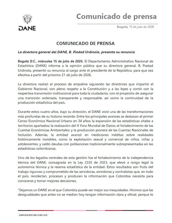 Piedar Urdinola deixará o emprego em 21 de julho de 2026 – crédito Dane