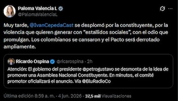 Paloma Valencia aseguró que la constituyente terminó afectando electoralmente a Iván Cepeda y pronosticó una amplia derrota del Pacto Histórico - crédito Paloma Valencia/X