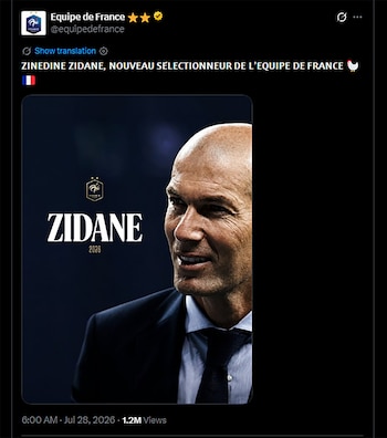 Captura de pantalla de un tuit que anuncia a Zinedine Zidane como entrenador de la Selección de Francia, con su imagen, el texto "ZIDANE 2026" y el logotipo de Francia