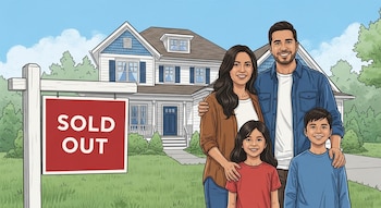 Ilustración de una familia latina sonriente (padres, niño y niña) frente a una casa blanca de dos pisos con un cartel rojo de "SOLD OUT" en el césped.