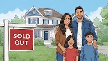 Familia latina sonriente celebra la compra de su casa con cartel de ‘Sold Out’ - VisualesIA ScribNews