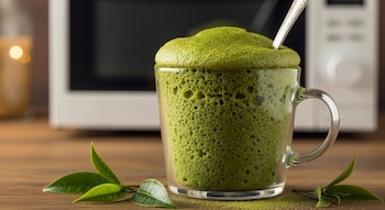 Bizcocho de té verde (matcha) espumoso en una taza de cristal con una cuchara, sobre una superficie de madera, con hojas de té y un microondas al fondo.