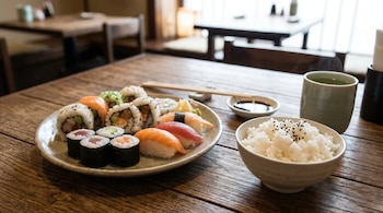 Plato de sushi variado, cuenco de arroz blanco con sésamo negro, palillos, salsa de soja en plato pequeño, taza de té verde y mesa de madera.