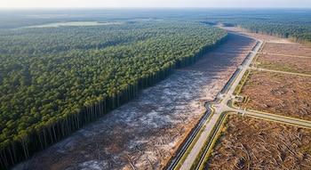 Vista aérea de un bosque denso y verde junto a una vasta zona de deforestación con restos de árboles, separadas por caminos y áreas de infraestructura.