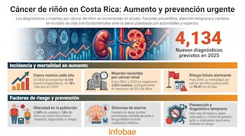 Infografía sobre el cáncer de riñón en Costa Rica que muestra un riñón con un tumor, gráficos de barras, iconos de riesgo y prevención, y cifras clave.
