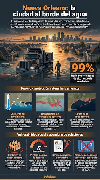 Infografía de ciudad inundada, camión, personas en agua. Muestra gráficos de nivel del mar, humedales, riesgos, costes y proyecto.