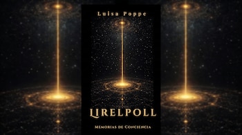 Portada del libro LIRELPOLL de Luisa Poppe con un haz de luz vertical, círculos concéntricos dorados y un fondo estrellado.