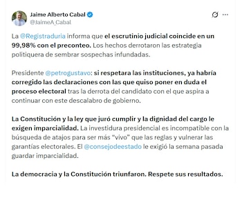 Jaime Cabal, presidente de Fenalco, pidió a Gustavo Petro que respete los resultados de las elecciones - crédito @JaimeA_Cabal/X