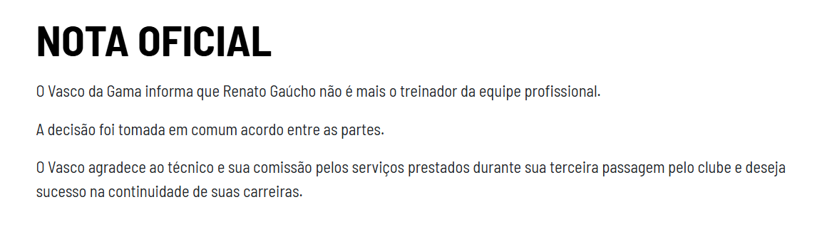 Vasco da Gama se quedó sin técnico porque despidió a Renato Gaúcho en pleno periodo de para por el Mundial 2026 - crédito Vasco da Gama