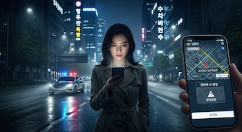 Mujer en gabardina mirando un smartphone con mapa y alerta de seguridad. Una patrulla de policía se acerca por una calle de Seúl con edificios iluminados.