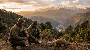 Dos guardaparques uniformados en cuclillas observan un pangolín. Fondo de montaña con árboles, valle, río y picos nevados al atardecer.