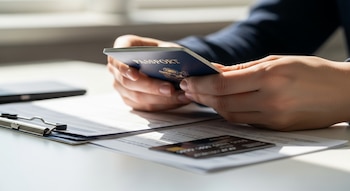 Primer plano de manos sosteniendo un pasaporte azul, papeles con un clip y una tarjeta oscura sobre un escritorio blanco iluminado por luz natural.