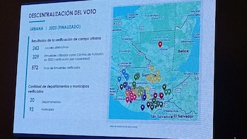 Pantalla con texto sobre descentralización del voto, cifras de inmuebles verificados y un mapa de Guatemala con marcadores de colores