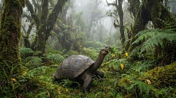 Una tortuga gigante de cuello erguido come hojas entre helechos, árboles con musgo y neblina.