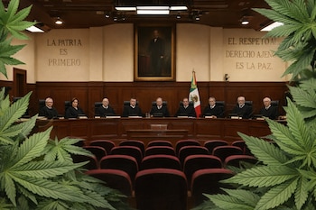 Vista de un pleno de magistrados en una sala de tribunal con un retrato y la bandera de México, rodeado por hojas de cannabis en primer plano y asientos vacíos.
