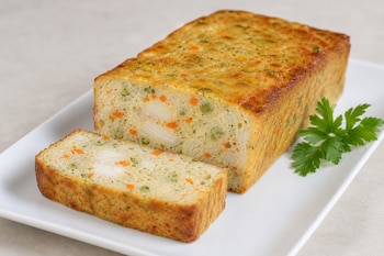Budín rectangular de pescado y verduras con una rebanada cortada y una hoja de perejil sobre una bandeja blanca.