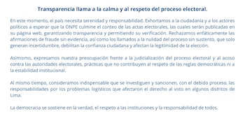 La organización subrayó que la fortaleza democrática del país depende del respeto a las instituciones y del comportamiento responsable de actores políticos y sociales - Créditos: Transparencia.