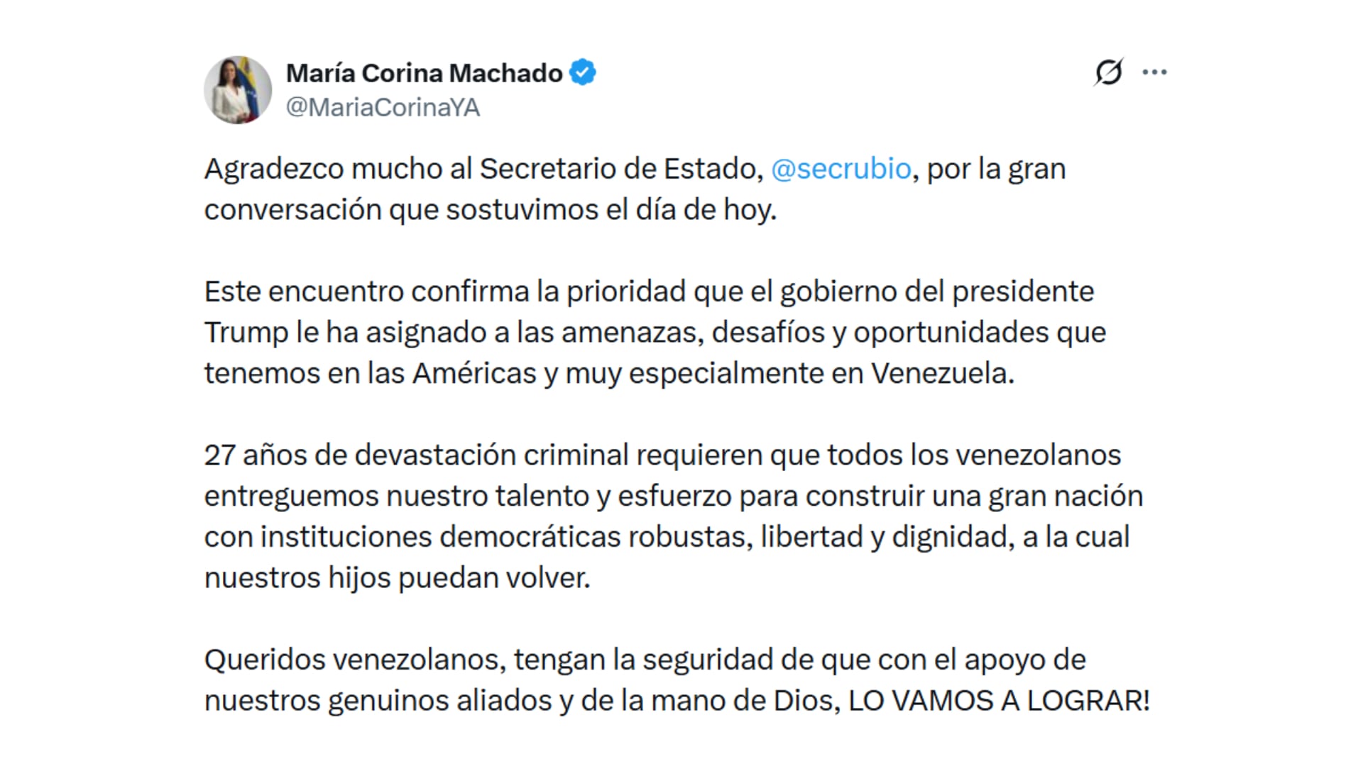 El posteo de María Corina Machado en X (@MariaCorinaYA)