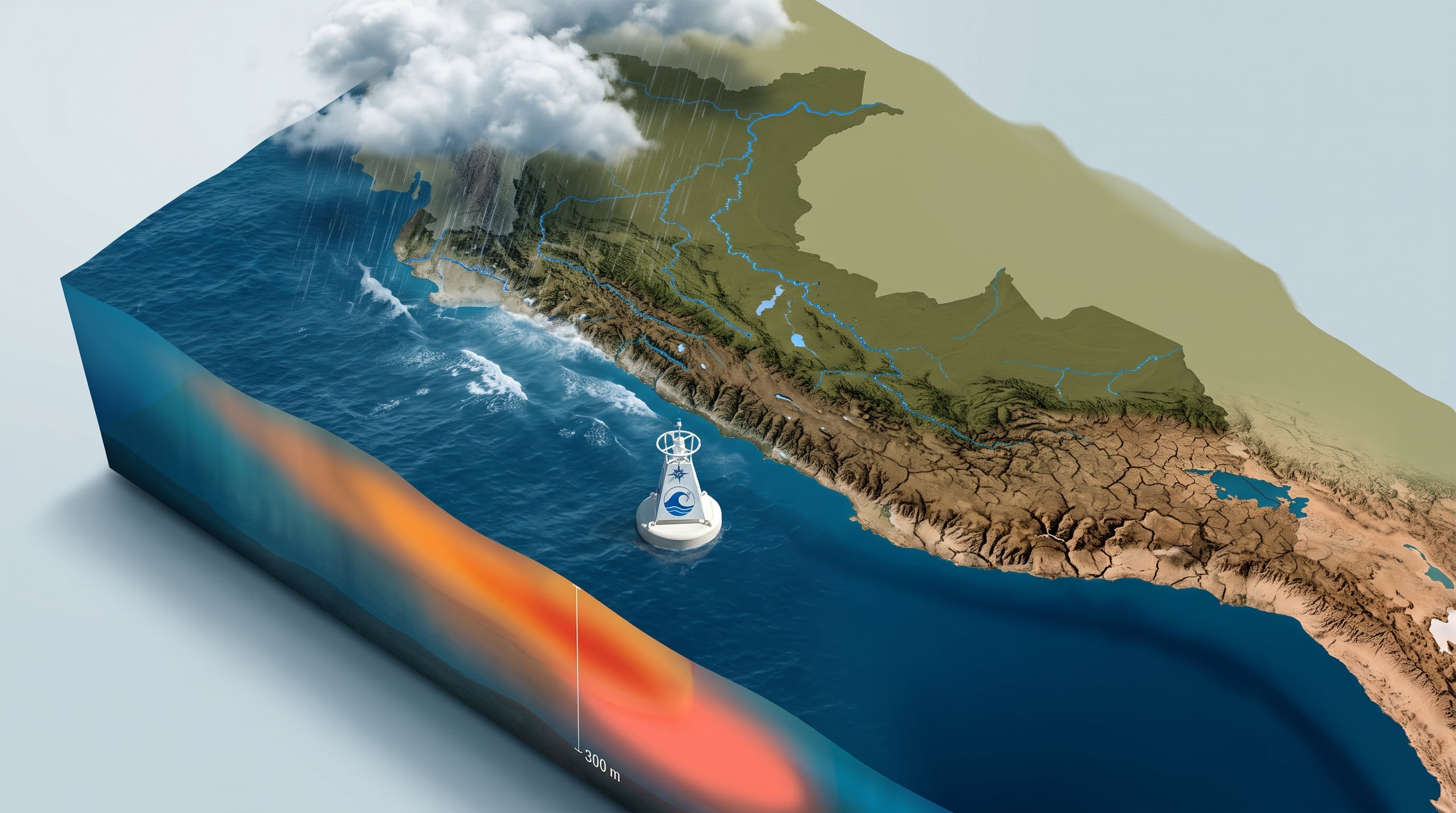 Un modelo tridimensional de Perú ilustra el impacto simultáneo de lluvias intensas en el norte y sequía en el sur, junto a una variación térmica submarina en el océano Pacífico. (Imagen Ilustrativa Infobae)