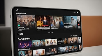 Primer plano de una tablet con una interfaz de servicio de streaming, mostrando miniaturas de contenido y texto que menciona "18%" e "ITBIS".