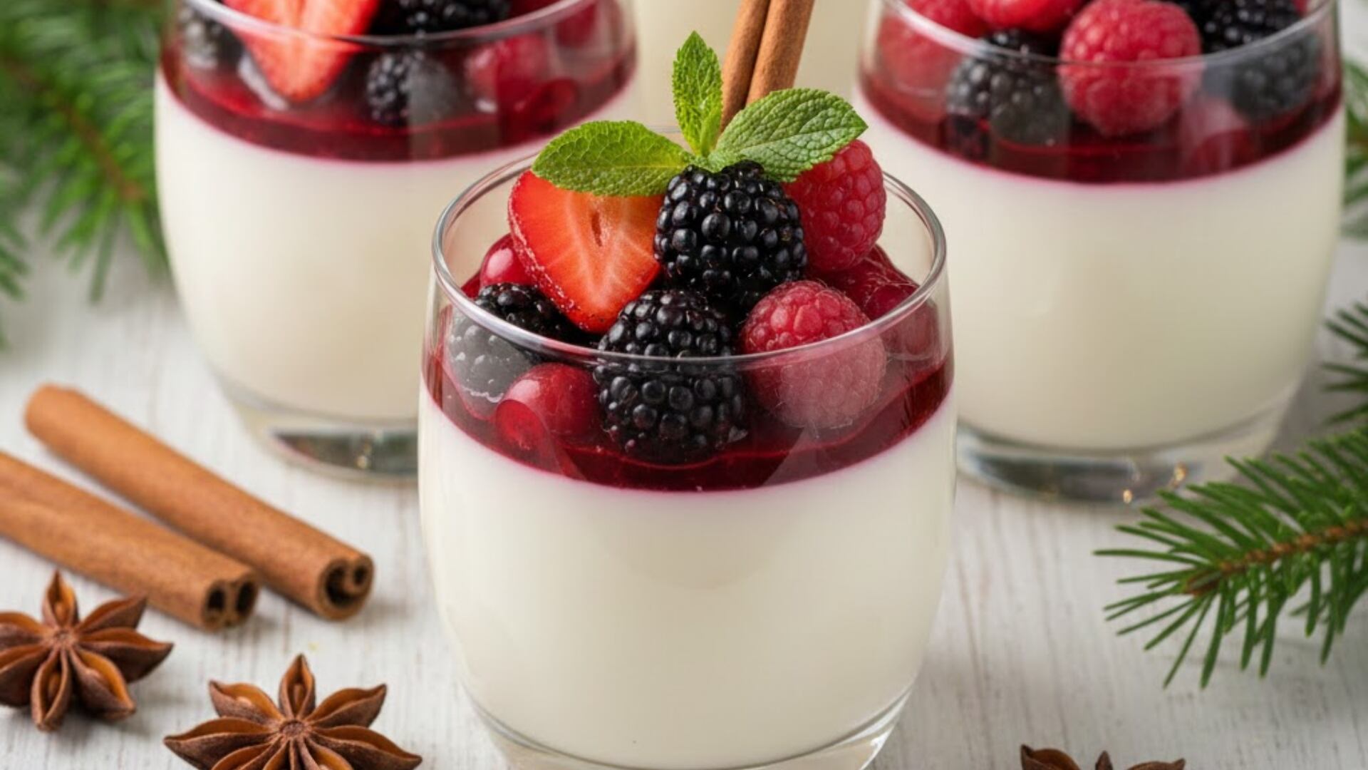 Vasitos de panna cotta cremosa coronados con compota fresca de frutos rojos y hojas de menta, listos para servir.
(Gemini)