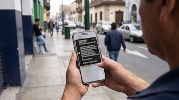 Plano por encima del hombro de una persona de pie en una calle urbana peruana, sosteniendo un teléfono móvil que muestra una notificación de SISMATE sobre un simulacro de tsunami.