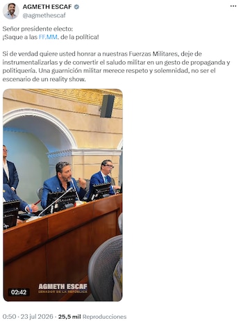 Agmeth Escaf advirtió sobre el peligro de instrumentalizar a las Fuerzas Armadas en actos políticos - crédito @agmethescaf/X