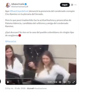 La congresista Johana Osorio rechazó la actitud de Paloma Valencia en el Senado - crédito @JohannaOsorio_M/X