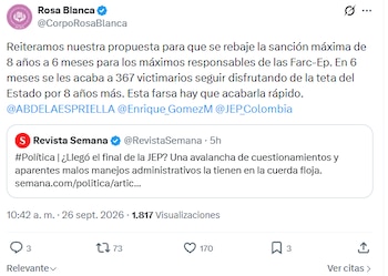 Rosa Blanca cuestionó sanciones de la JEP a miembros de las Farc
