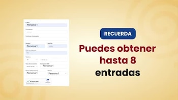 Formulario web de registro a la izquierda y el texto 'Recuerda Puedes obtener hasta 8 entradas' a la derecha sobre fondo amarillo