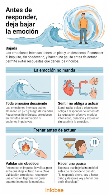 Infografía con ilustraciones de una ola, un corazón, un escudo con fuego y un reloj de arena acompañados de bloques de texto.