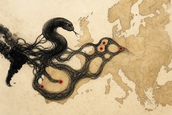 Mapa estilizado de Europa sobre el que se dibuja una figura negra con forma de serpiente y varios puntos rojos marcados.