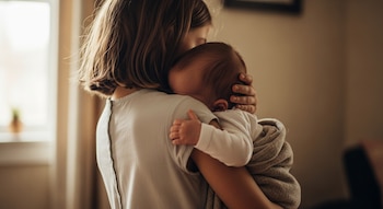 Una niña con cabello castaño, vista de espaldas, abraza a un bebé que lleva un traje blanco, envuelto en una manta beige, sus caras no son visibles.