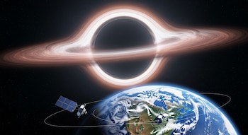 Planeta Tierra, un satélite artificial en órbita, un agujero negro con un anillo de luz brillante y un disco de acreción en el espacio oscuro.